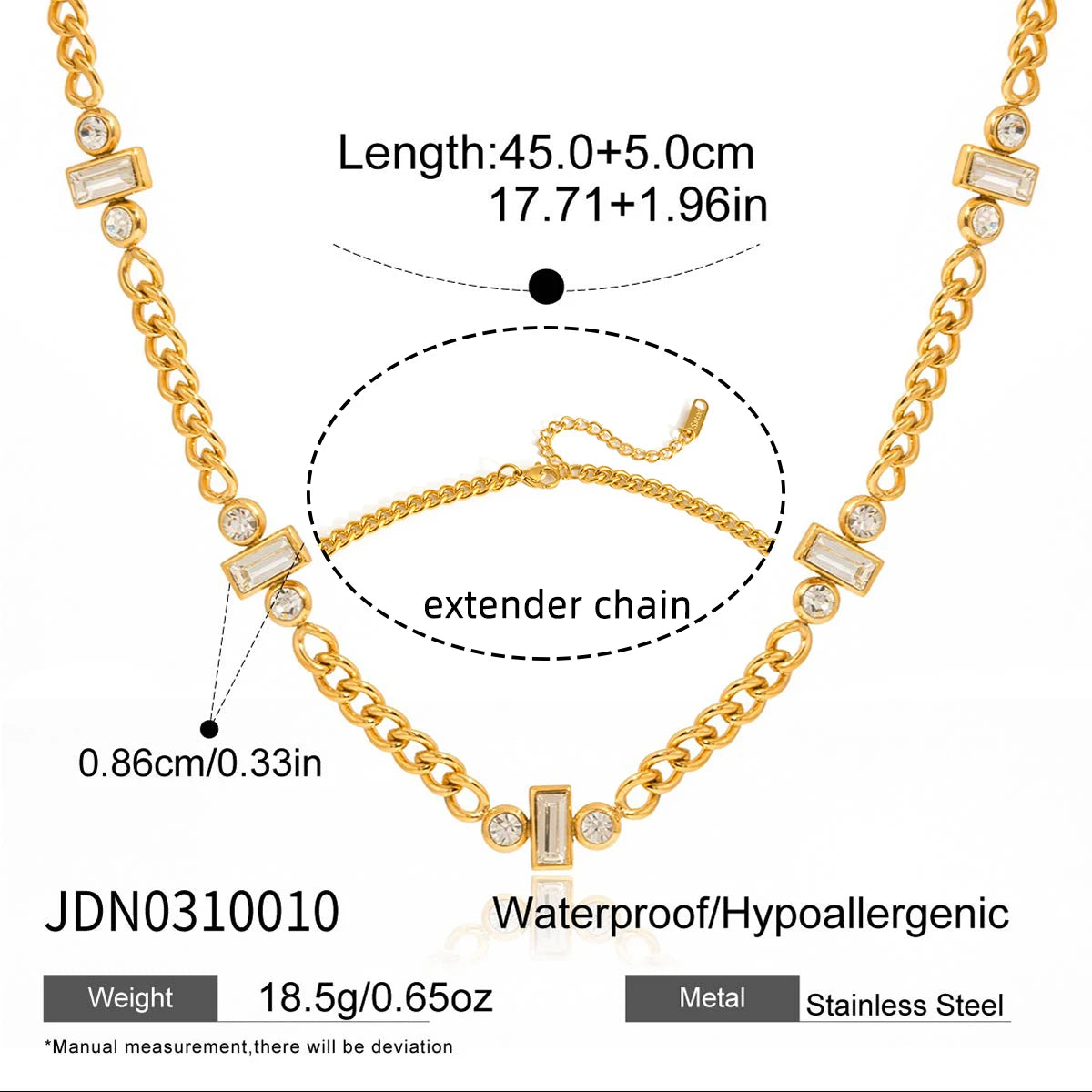 White Zircon Chain Necklace - Stainless Steel Jewelry