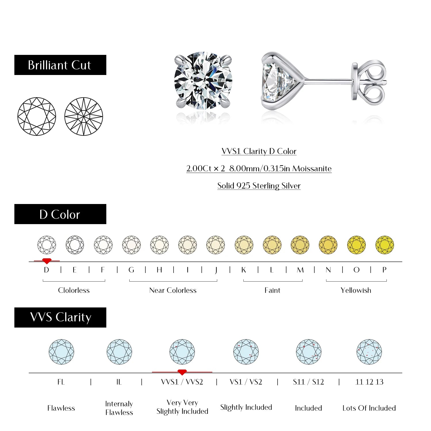 5 Sizes D Color Moissanite Earrings
